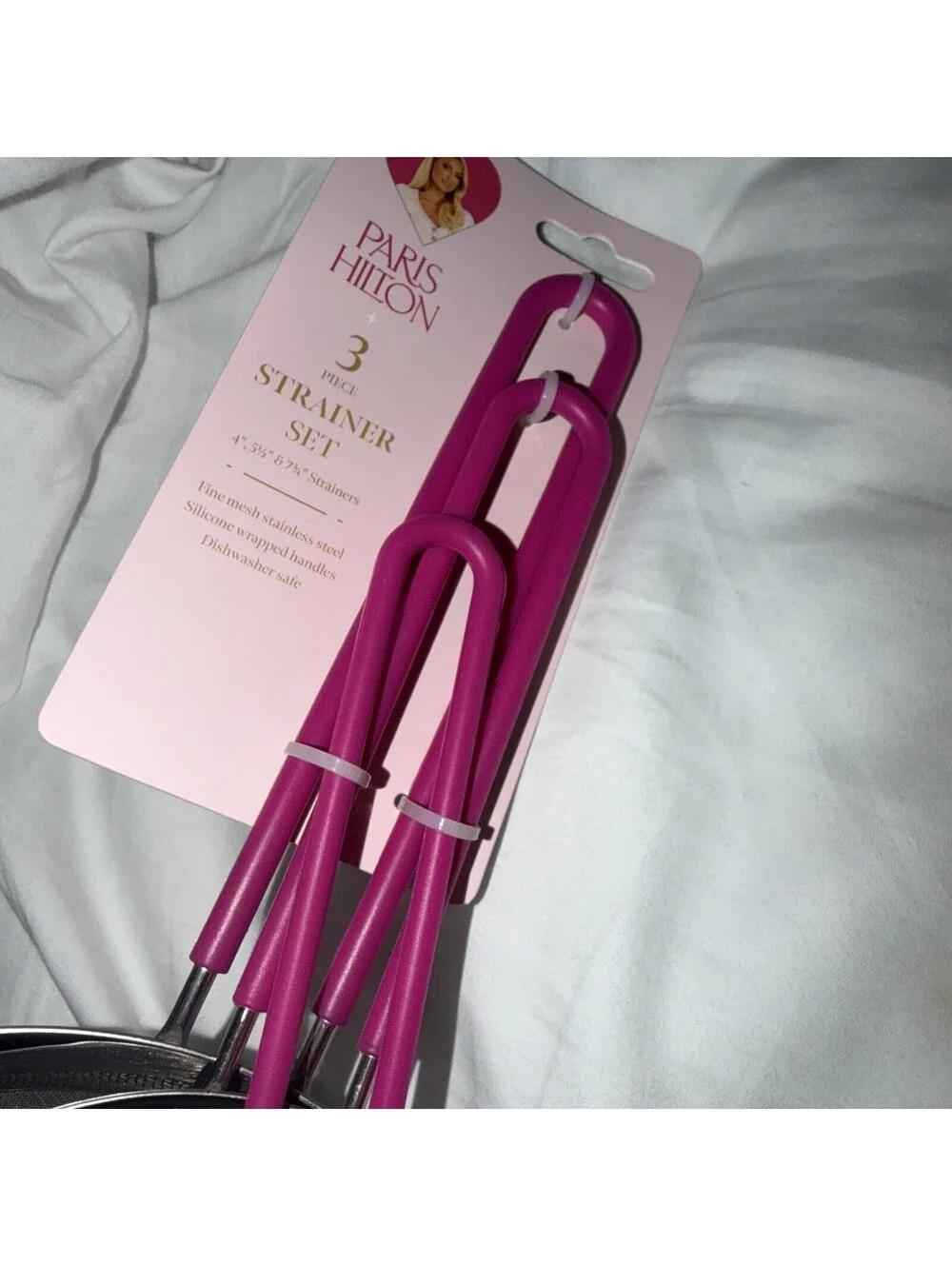 PARIS HILTON 3 Piece Stainless Steel Strainer Set With Pink Handles NWT